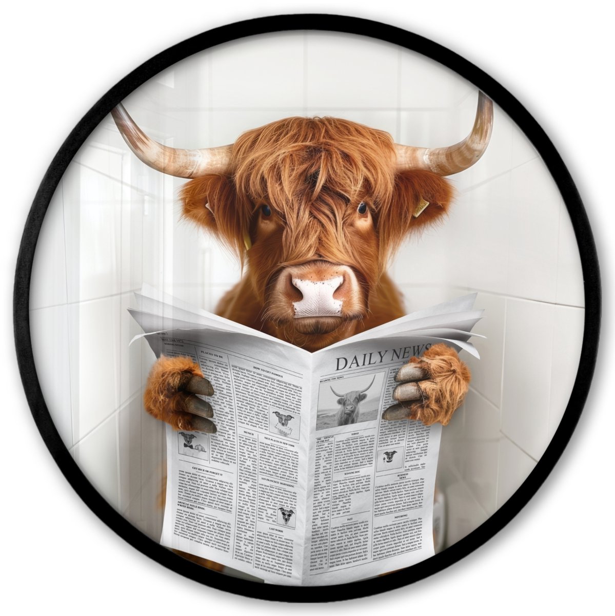 FrameYourWall Poster in lijst Rond - Fotolijst 40x40 cm - Posters - Schotse Hooglander - Dier - Krant - Toilet - Ronde posterlijst zwart - Decoratie - Wanddecoratie woonkamer - Muurdecoratie slaapkamer Schotse hooglander - WC