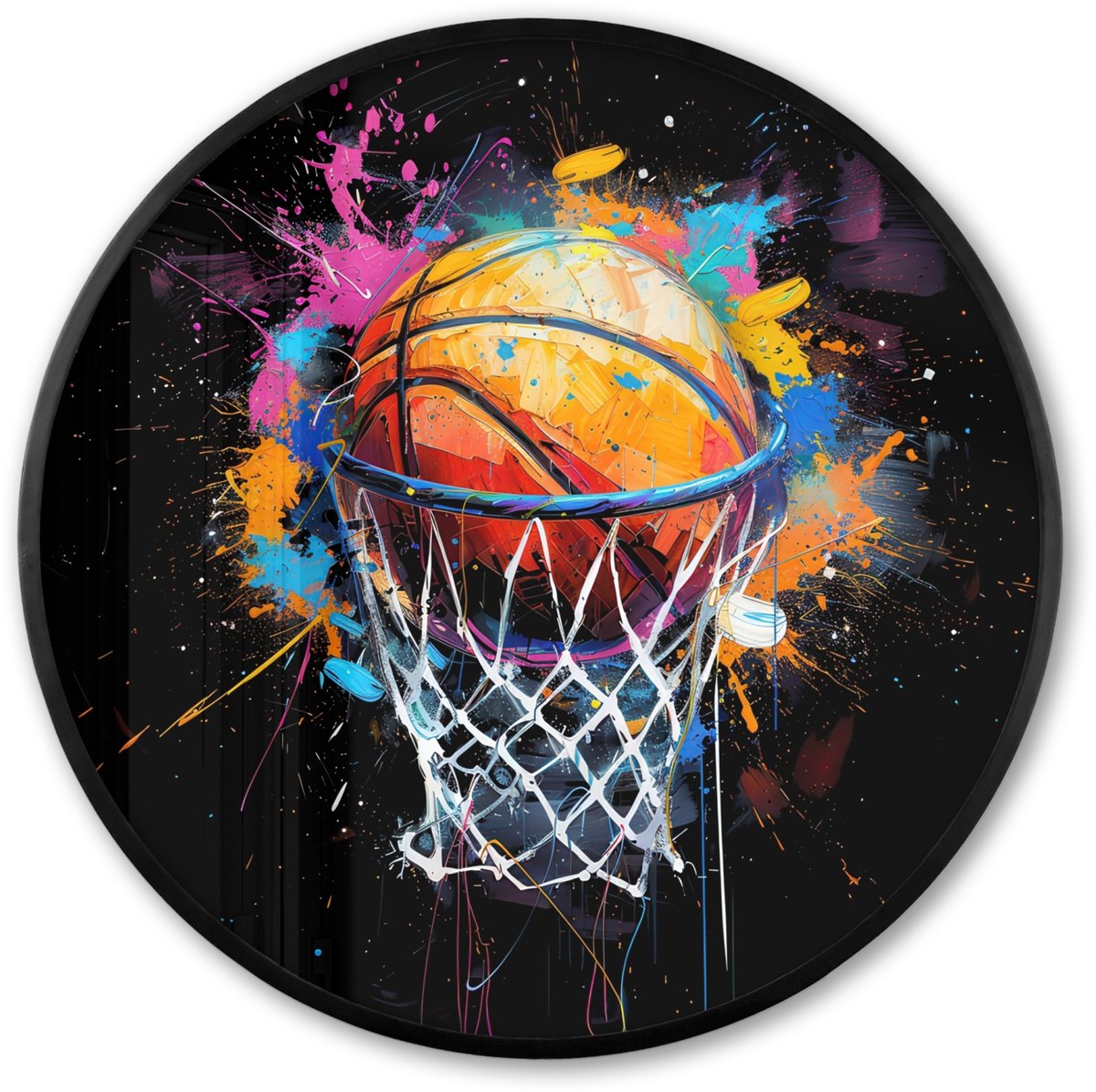 FrameYourWall Poster in lijst Rond - Fotolijst 60x60 cm - Posters - Graffiti - Sport - Basketbal - Basket - Ronde posterlijst zwart - Decoratie - Wanddecoratie woonkamer - Muurdecoratie slaapkamer