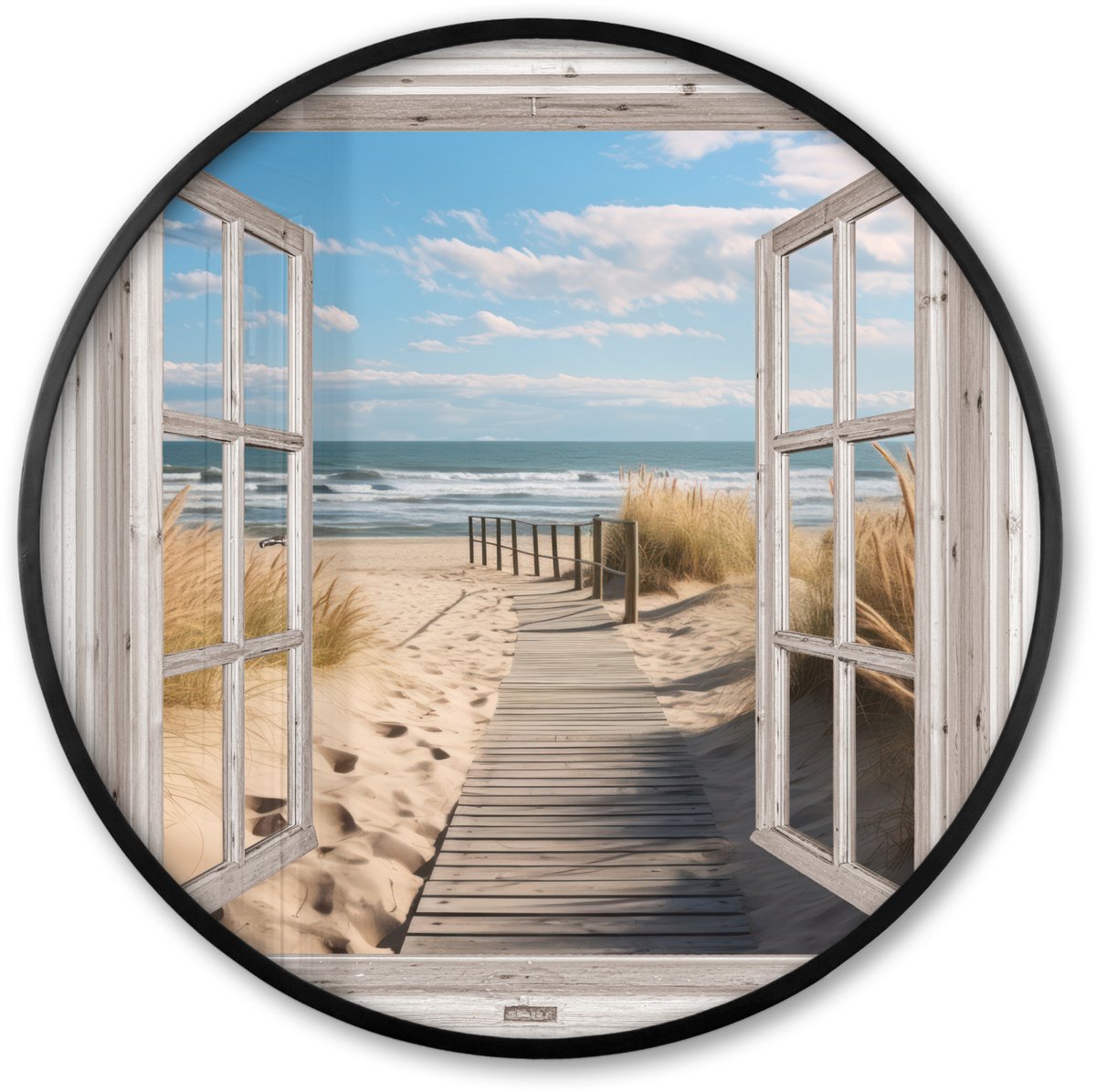 FrameYourWall Poster in lijst Rond - Fotolijst 80x80 cm - Posters - Doorkijk - Strand - Natuur - Pad - Ronde posterlijst zwart - Decoratie - Wanddecoratie woonkamer - Muurdecoratie slaapkamer Multicolor