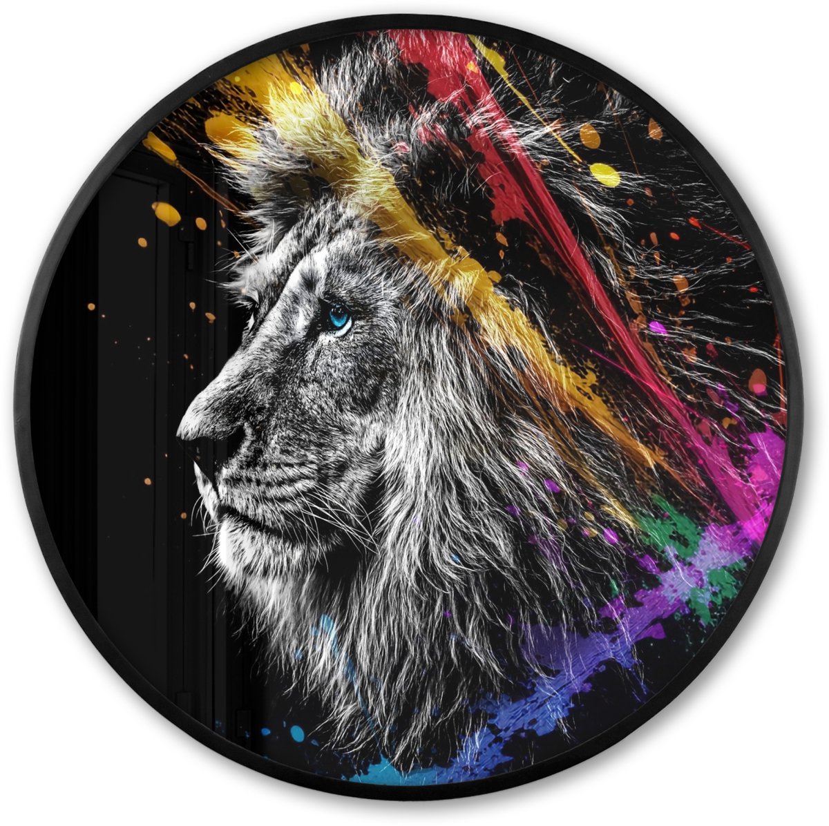 FrameYourWall Poster in lijst Rond - Fotolijst 80x80 cm - Posters - Leeuw - Graffiti - Zwart - Neon - Dieren - Ronde posterlijst zwart - Decoratie - Wanddecoratie woonkamer - Muurdecoratie slaapkamer Leeuw - Neon