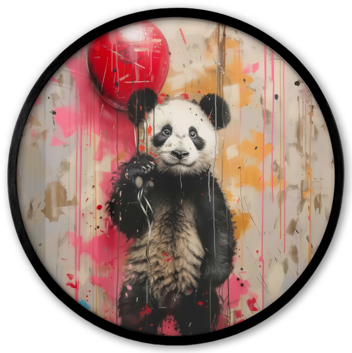 FrameYourWall Poster in lijst Rond - Fotolijst 40x40 cm - Posters - Graffiti - Panda - Ballon - Street art - Dier - Ronde posterlijst zwart - Decoratie - Wanddecoratie woonkamer - Muurdecoratie slaapkamer