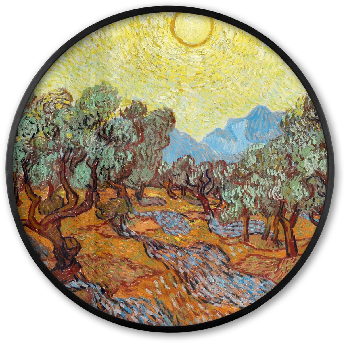 FrameYourWall Poster in lijst Rond - Fotolijst 80x80 cm - Posters - Olijfbomen met gele hemel en zon - Vincent van Gogh - Ronde posterlijst zwart - Decoratie - Wanddecoratie woonkamer - Muurdecoratie slaapkamer Multicolor