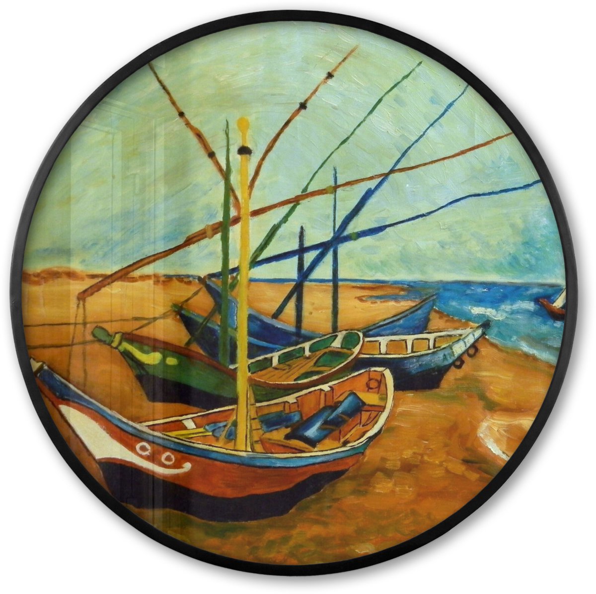 FrameYourWall Poster in lijst Rond - Fotolijst 60x60 cm - Posters - Vissersboten op het strand - Vincent van Gogh - Ronde posterlijst zwart - Decoratie - Wanddecoratie woonkamer - Muurdecoratie slaapkamer Multicolor