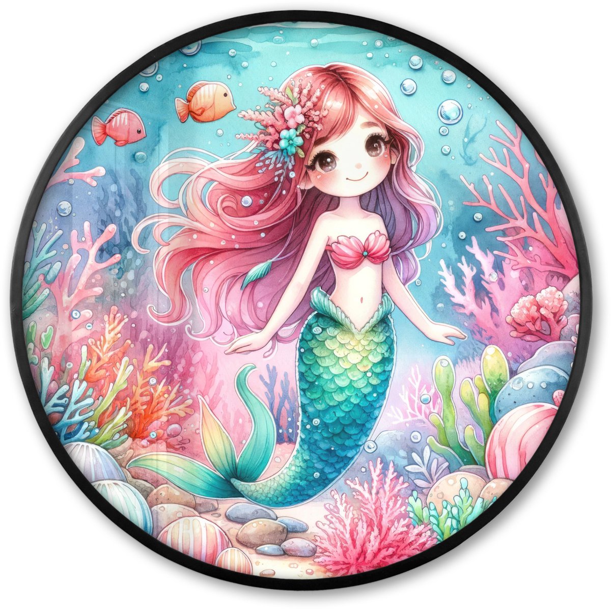 FrameYourWall Poster in lijst Rond - Fotolijst 80x80 cm - Posters - Zeemeermin - Kleurrijk - Onderwater - Zeedieren - Vissen - Ronde posterlijst zwart - Decoratie - Wanddecoratie woonkamer - Muurdecoratie slaapkamer