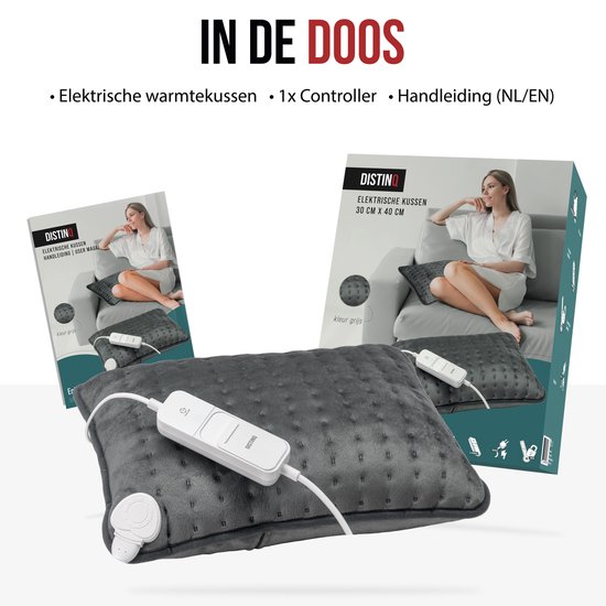 DistinQ Warmtekussen - Elektrische Kussen - Ultra Fleece - 30x40 cm - Grijs - 3 Warmtestanden met Timer - Heating Pillow - Energiezuinig