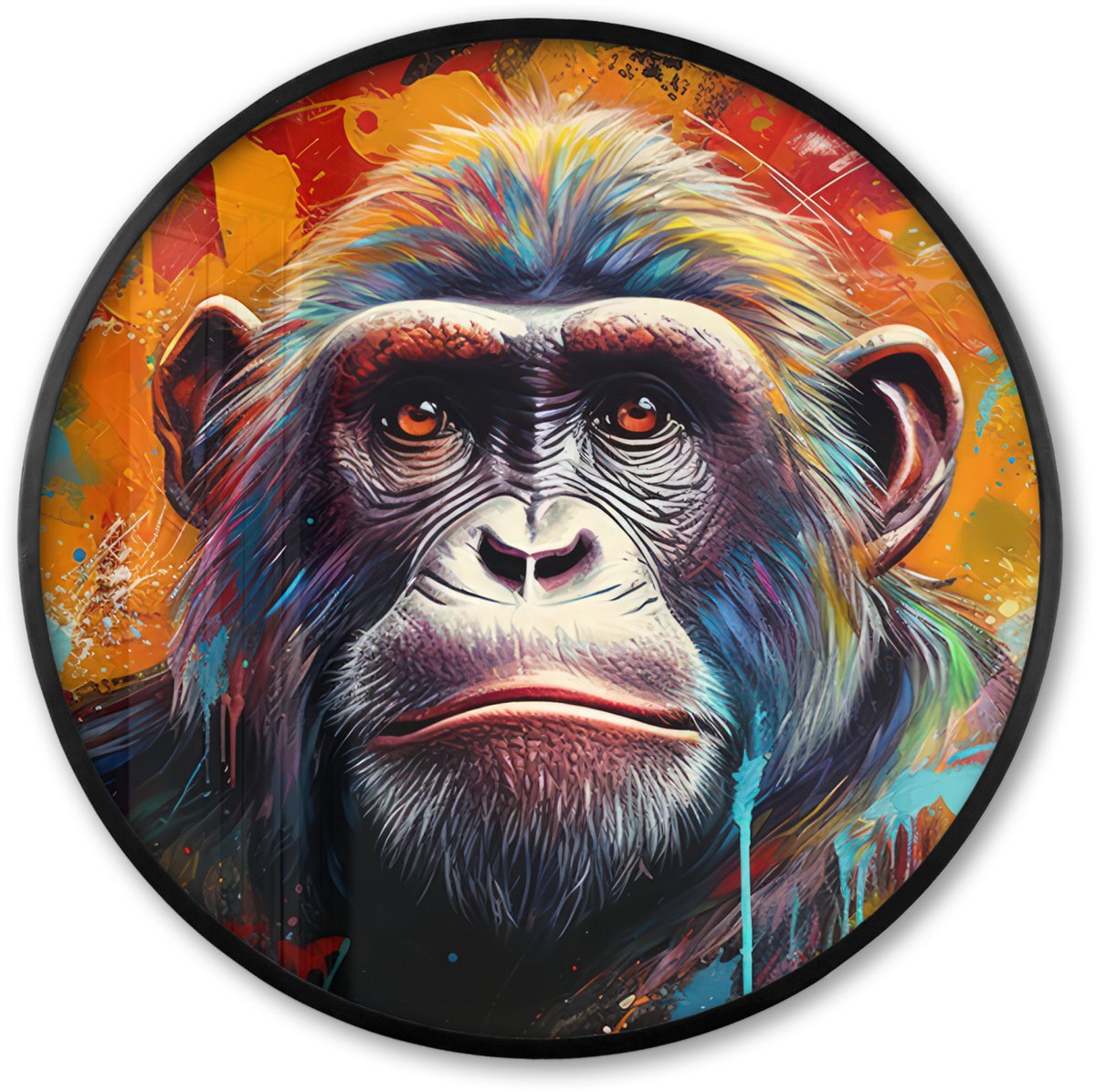 FrameYourWall Poster in lijst Rond - Fotolijst 80x80 cm - Posters - Aap - Gorilla - Graffiti - Dieren - Kleuren - Ronde posterlijst zwart - Decoratie - Wanddecoratie woonkamer - Muurdecoratie slaapkamer Multicolor