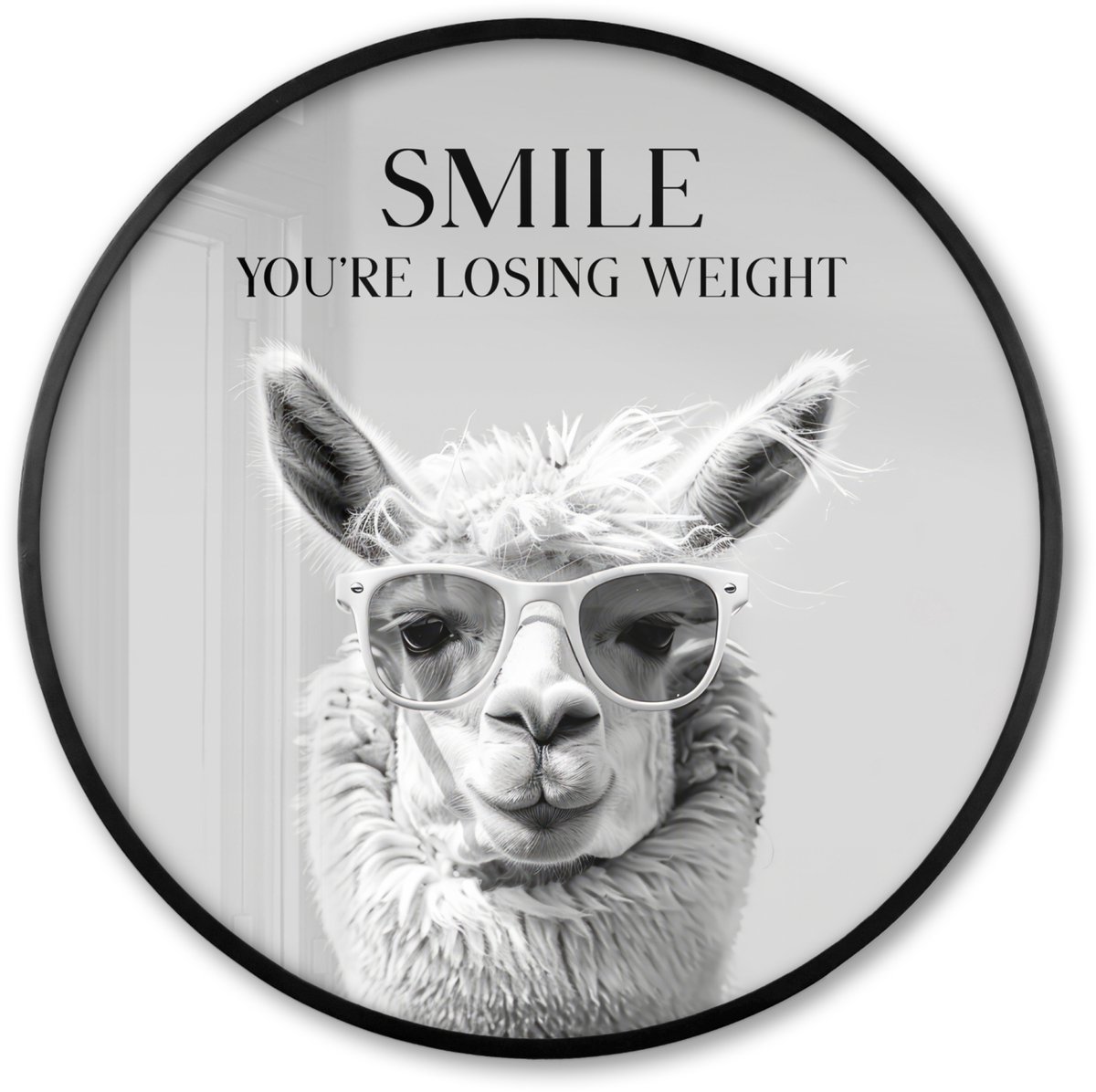 FrameYourWall Poster in lijst Rond - Fotolijst 60x60 cm - Posters - Quotes - Lama - Smile - Spreuken - Grijs - Ronde posterlijst zwart - Decoratie - Wanddecoratie woonkamer - Muurdecoratie slaapkamer