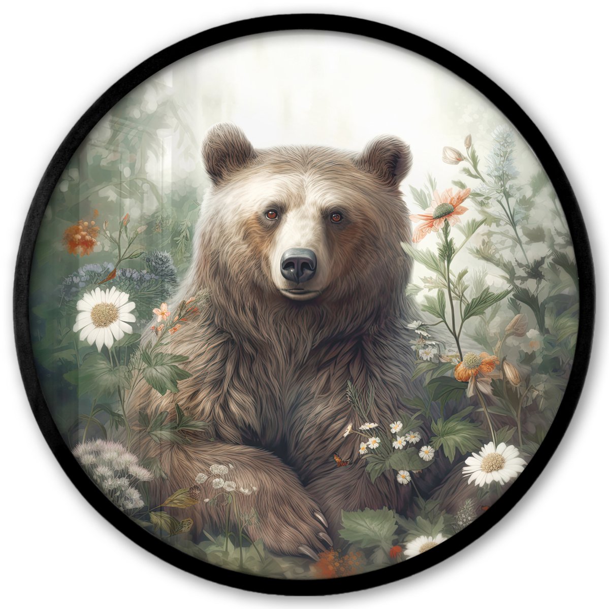 FrameYourWall Poster in lijst Rond - Fotolijst 40x40 cm - Posters - Bruine beer - Wilde dieren - Bloemen - Planten - Ronde posterlijst zwart - Decoratie - Wanddecoratie woonkamer - Muurdecoratie slaapkamer Tijger - Botanisch