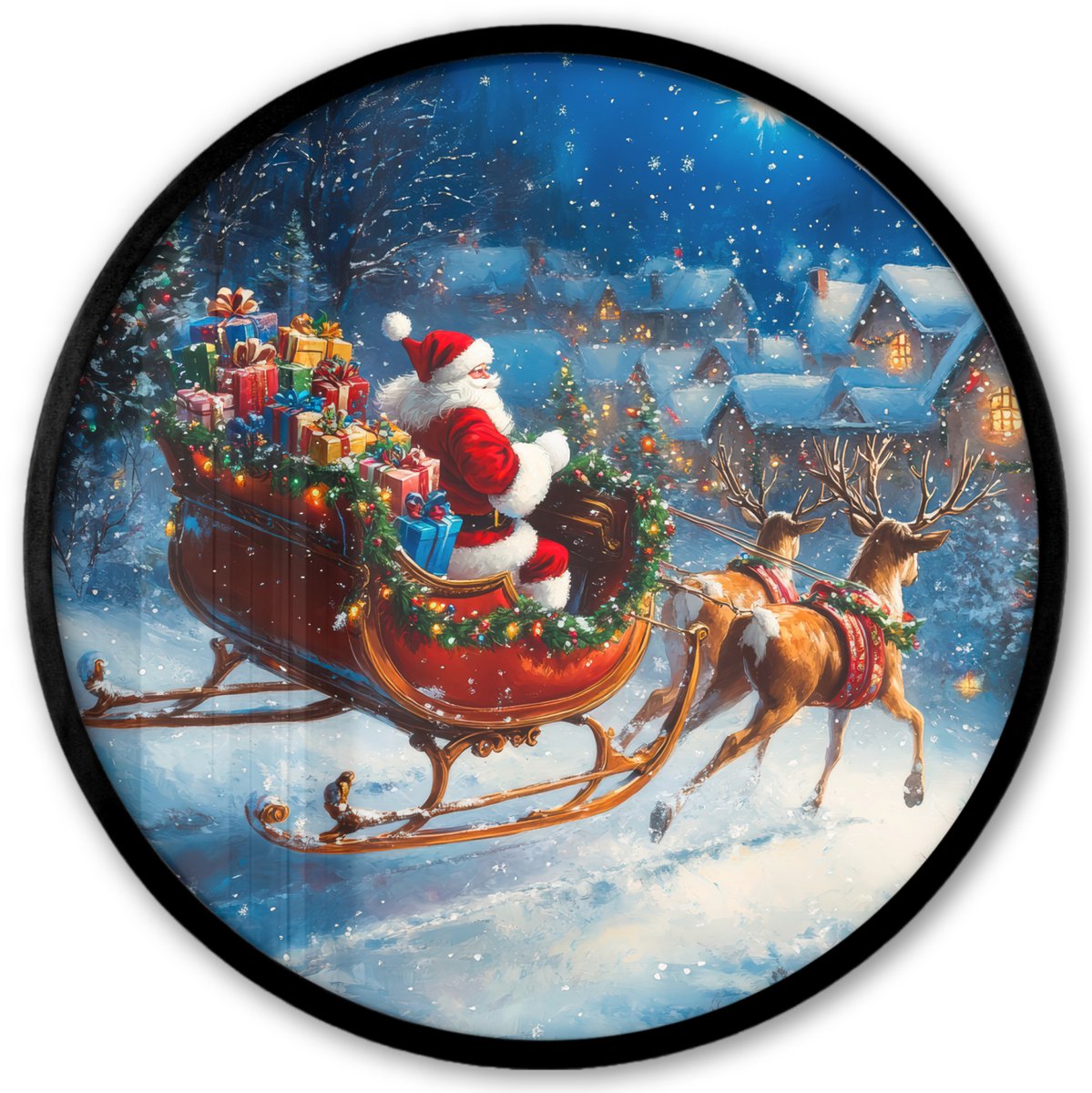 FrameYourWall Poster in lijst Rond - Fotolijst 40x40 cm - Posters - Kerstman - Rendier - Kerst - Sneeuw - Ronde posterlijst zwart - Decoratie - Wanddecoratie woonkamer - Kerstdecoratie voor binnen - Kerstversiering - Kerstmis versiering in huis - Kerstaccessoires Kerstman - Rendier - Cadeaus