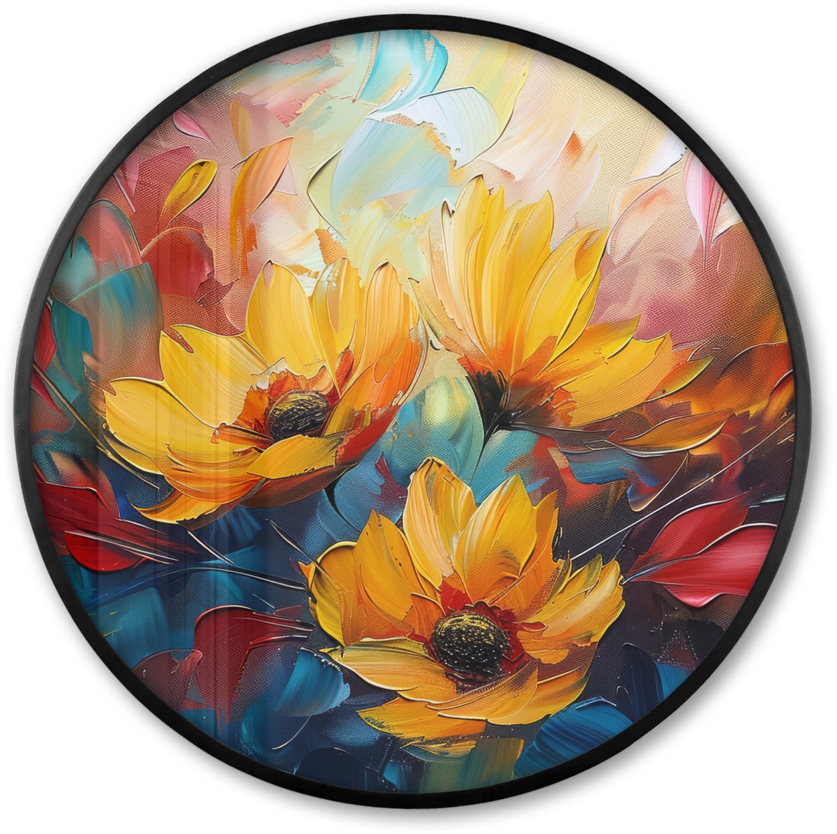 FrameYourWall Poster in lijst Rond - Fotolijst 80x80 cm - Posters - Bloemen - Zonnebloemen - Kunst - Geel - Ronde posterlijst zwart - Decoratie - Wanddecoratie woonkamer - Muurdecoratie slaapkamer