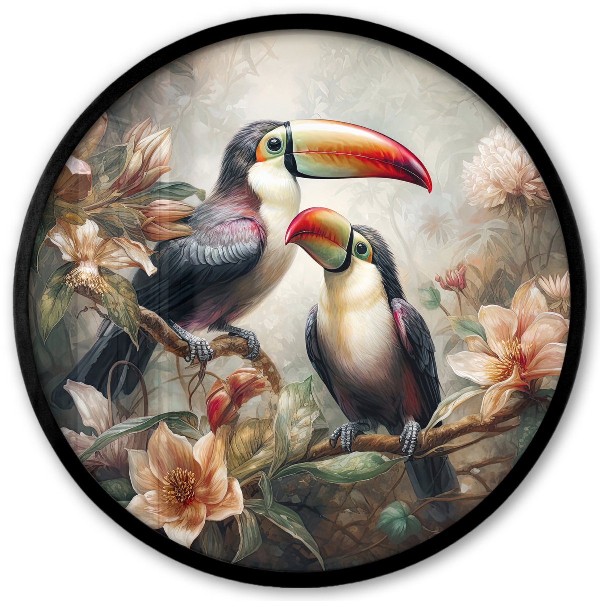 FrameYourWall Poster in lijst Rond - Fotolijst 40x40 cm - Posters - Toekan - Vogels - Bloemen - Jungle - Ronde posterlijst zwart - Decoratie - Wanddecoratie woonkamer - Muurdecoratie slaapkamer Vogels - Toekans