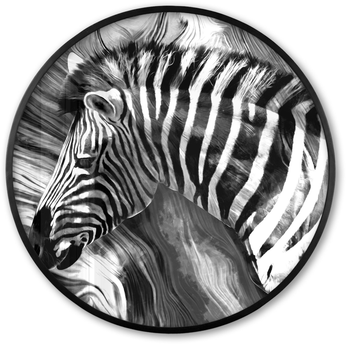 FrameYourWall Poster in lijst Rond - Fotolijst 60x60 cm - Posters - Schilderij - Olieverf - Zebra - Dieren - Zwart - Wit - Ronde posterlijst zwart - Decoratie - Wanddecoratie woonkamer - Muurdecoratie slaapkamer Multicolor