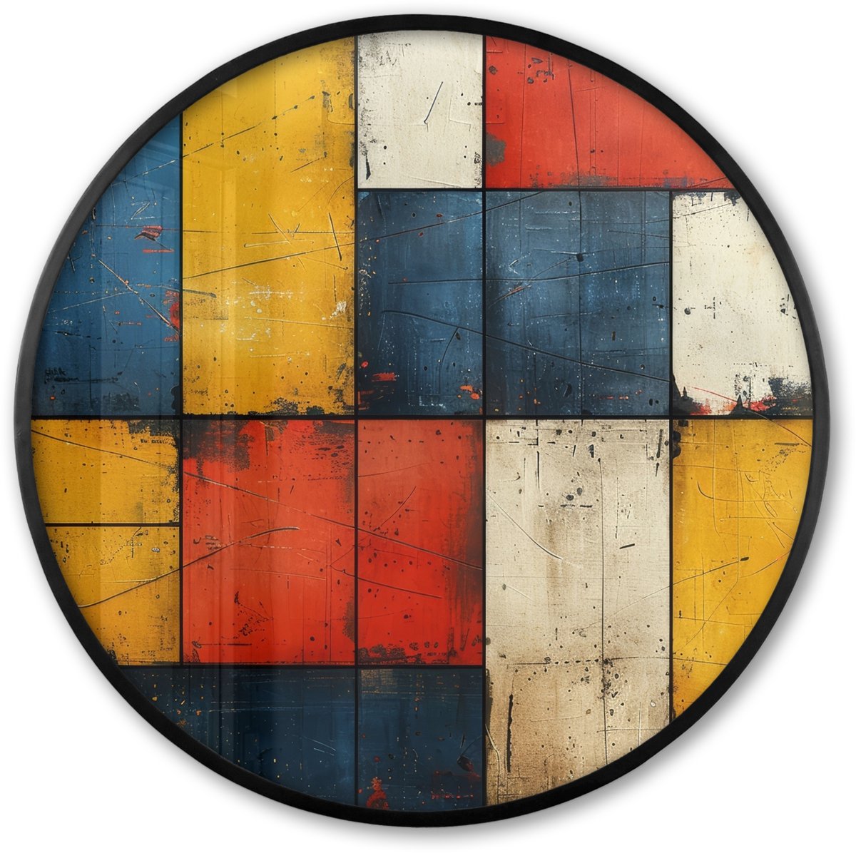 FrameYourWall Poster in lijst Rond - Fotolijst 80x80 cm - Posters - Mondriaan stijl - Kunst - Kleurrijk - Modern - Ronde posterlijst zwart - Decoratie - Wanddecoratie woonkamer - Muurdecoratie slaapkamer