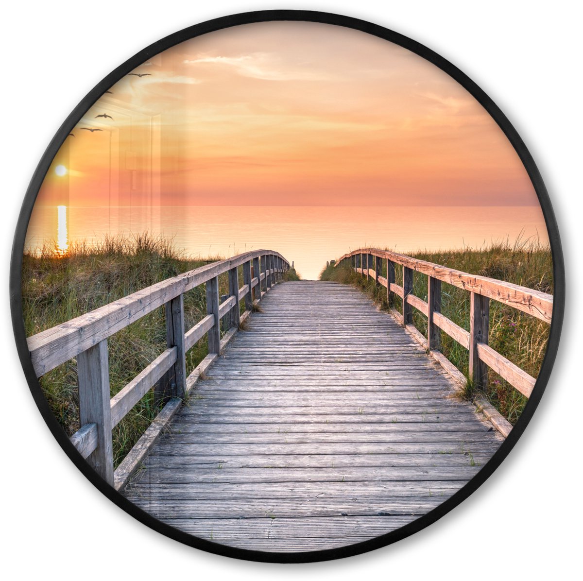 FrameYourWall Poster in lijst Rond - Fotolijst 60x60 cm - Posters - Zonsonderang - Zee - Pad - Gras - Duin - Vogels - Ronde posterlijst zwart - Decoratie - Wanddecoratie woonkamer - Muurdecoratie slaapkamer Zonsondergang - Pad