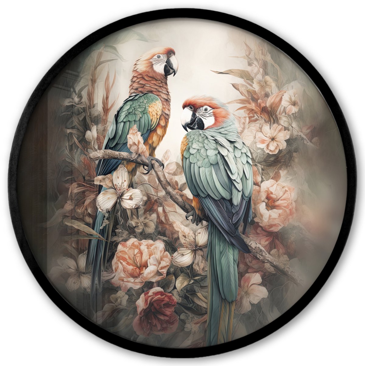 FrameYourWall Poster in lijst Rond - Fotolijst 40x40 cm - Posters - Papegaaien - Vogels - Natuur - Bloemen - Ronde posterlijst zwart - Decoratie - Wanddecoratie woonkamer - Muurdecoratie slaapkamer