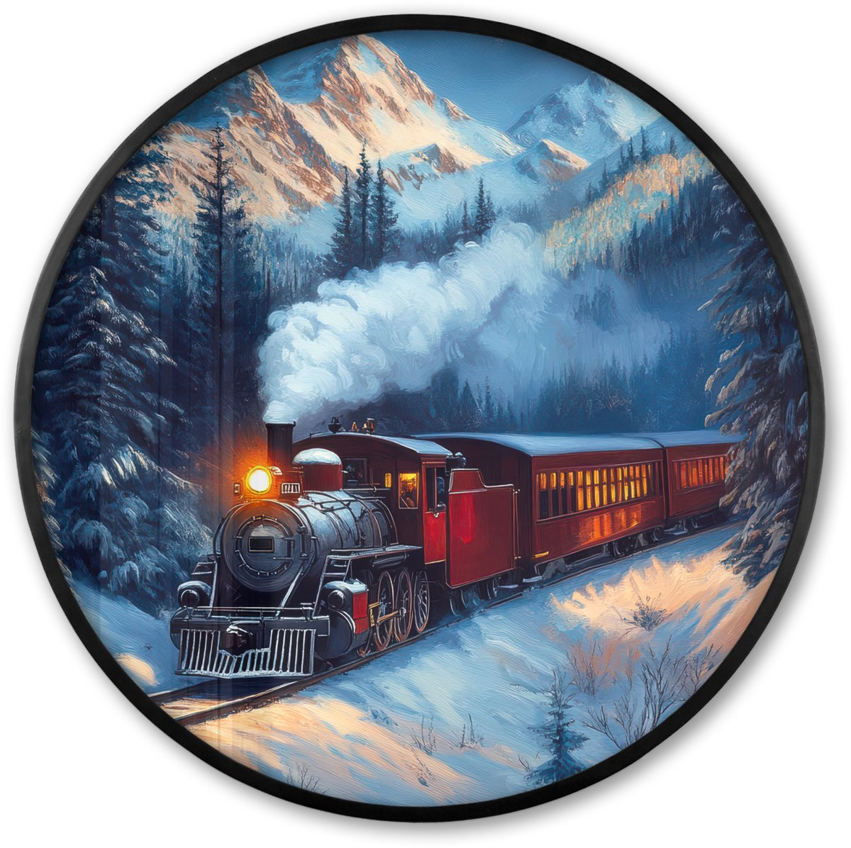 FrameYourWall Poster in lijst Rond - Fotolijst 60x60 cm - Posters - Trein - Kerst - Sneeuw - Kersttrein - Ronde posterlijst zwart - Decoratie - Wanddecoratie woonkamer - Kerstdecoratie voor binnen - Kerstversiering - Kerstmis versiering in huis - Kerstaccessoires Stoomtrein