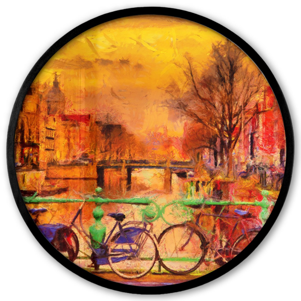 FrameYourWall Poster in lijst Rond - Fotolijst 40x40 cm - Posters - Schilderij - Fiets - Amsterdam - Gracht - Olieverf - Ronde posterlijst zwart - Decoratie - Wanddecoratie woonkamer - Muurdecoratie slaapkamer Multicolor