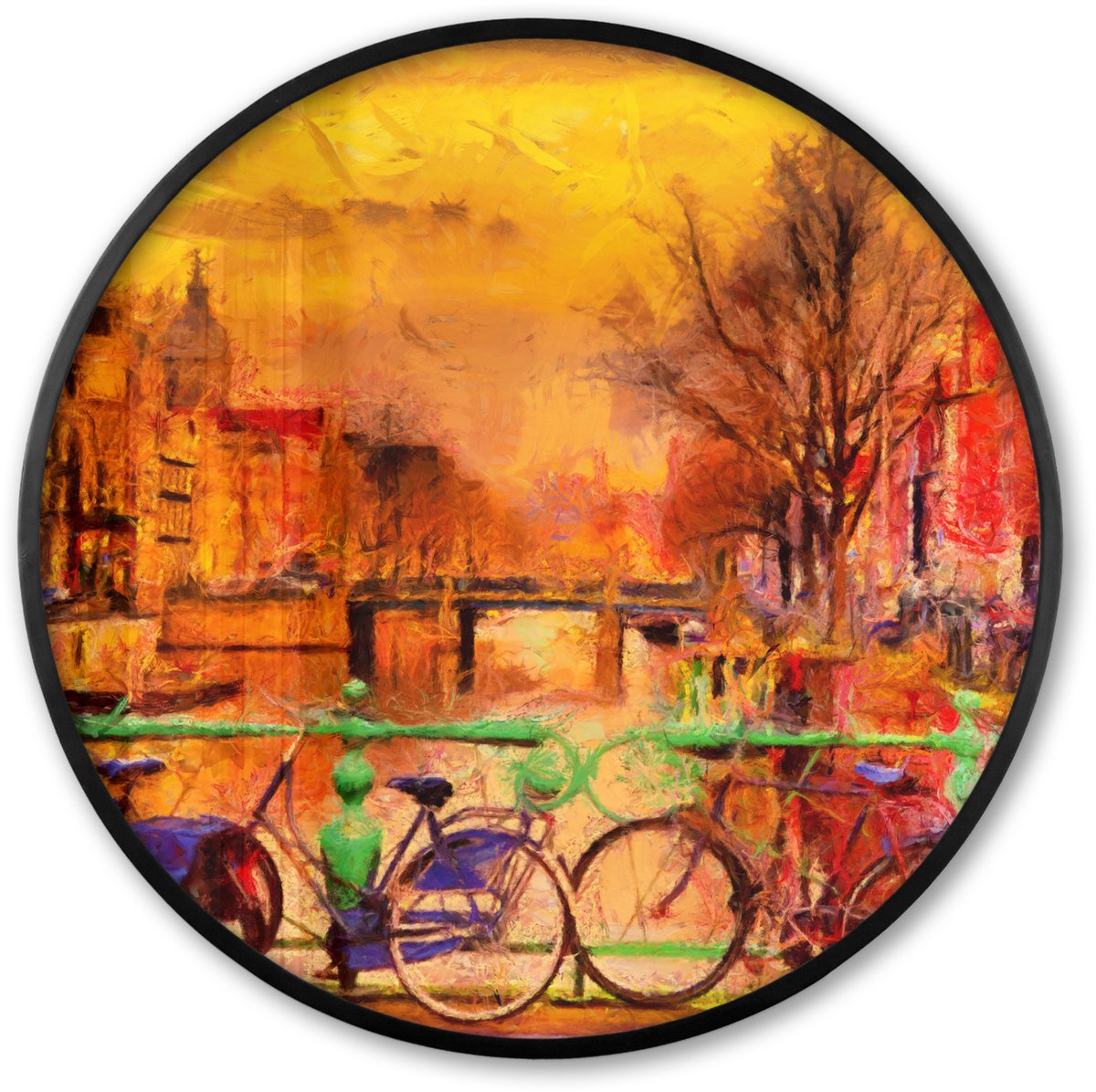 FrameYourWall Poster in lijst Rond - Fotolijst 80x80 cm - Posters - Schilderij - Fiets - Amsterdam - Gracht - Olieverf - Ronde posterlijst zwart - Decoratie - Wanddecoratie woonkamer - Muurdecoratie slaapkamer Multicolor