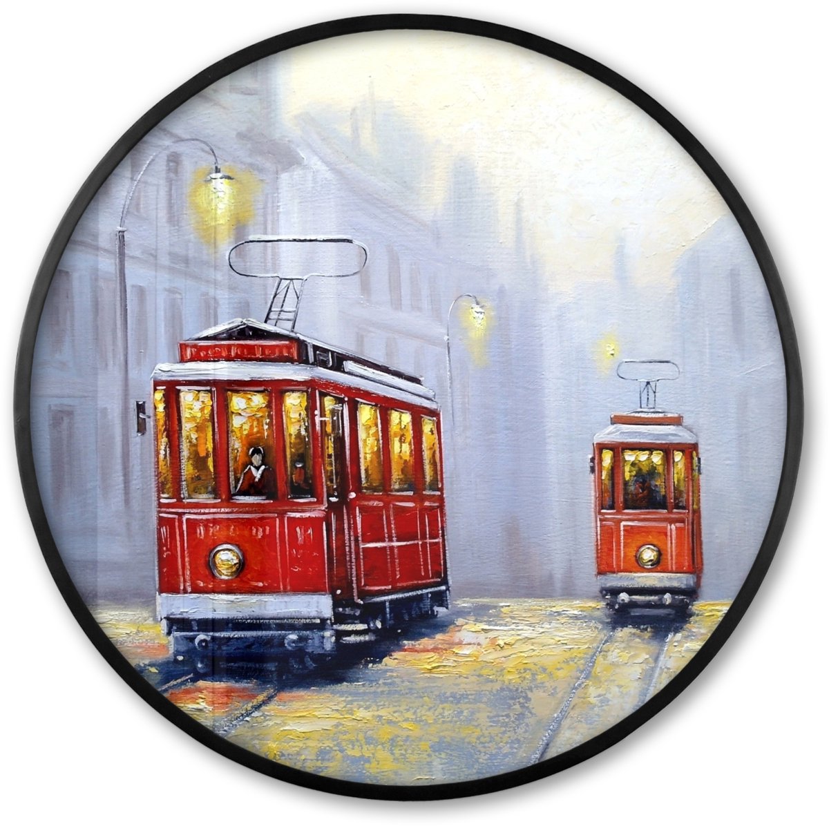FrameYourWall Poster in lijst Rond - Fotolijst 80x80 cm - Posters - Schilderij - Tram - Stad - Olieverf - Ronde posterlijst zwart - Decoratie - Wanddecoratie woonkamer - Muurdecoratie slaapkamer Multicolor