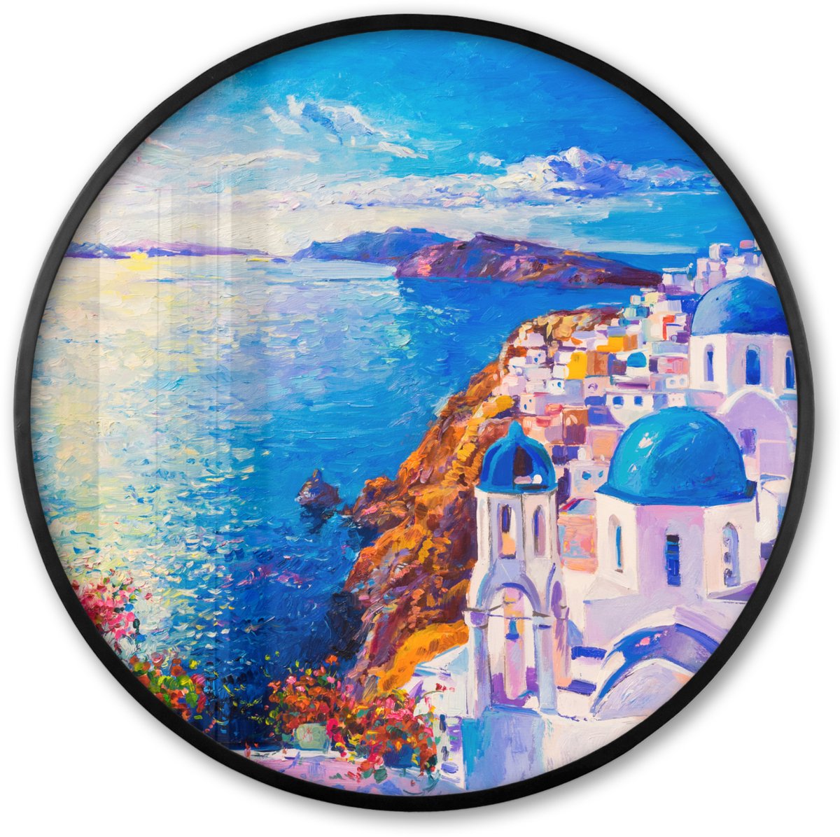 FrameYourWall Poster in lijst Rond - Fotolijst 80x80 cm - Posters - Schilderij - Griekenland - Water - Olieverf - Ronde posterlijst zwart - Decoratie - Wanddecoratie woonkamer - Muurdecoratie slaapkamer Multicolor