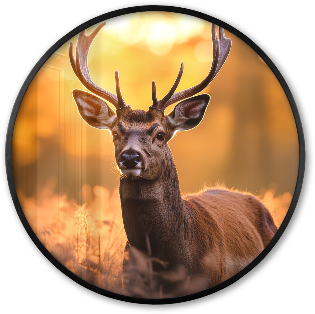 FrameYourWall Poster in lijst Rond - Fotolijst 60x60 cm - Posters - Hert - Gewei - Herfst - Bos - Bruin - Natuur - Bosdieren - Ronde posterlijst zwart - Decoratie - Wanddecoratie woonkamer - Muurdecoratie slaapkamer