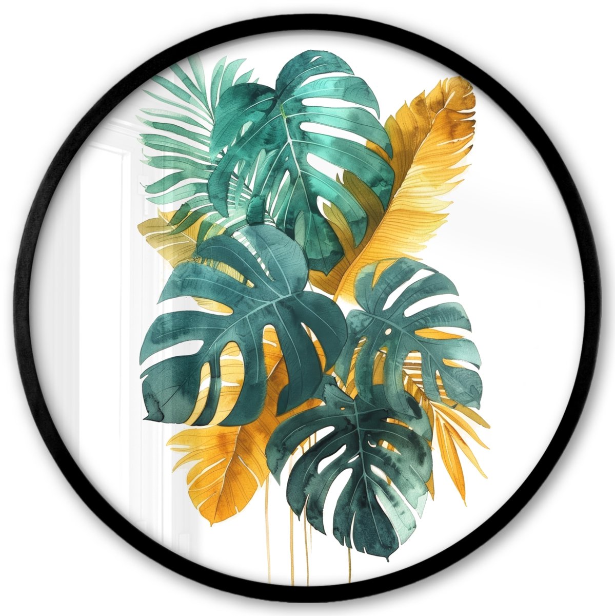FrameYourWall Poster in lijst Rond - Fotolijst 40x40 cm - Posters - Bladeren - Tropisch - Goud - Groen - Modern - Ronde posterlijst zwart - Decoratie - Wanddecoratie woonkamer - Muurdecoratie slaapkamer Natuur