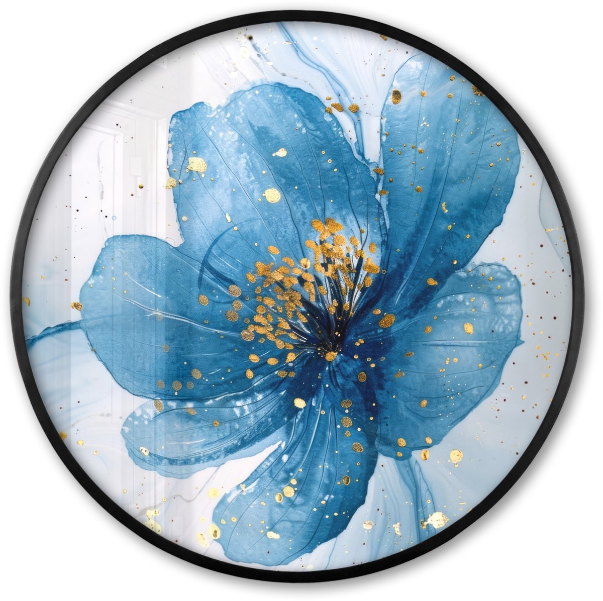 FrameYourWall Poster in lijst Rond - Fotolijst 60x60 cm - Posters - Bloemen - Blauw - Goud - Watercolor - Modern - Ronde posterlijst zwart - Decoratie - Wanddecoratie woonkamer - Muurdecoratie slaapkamer