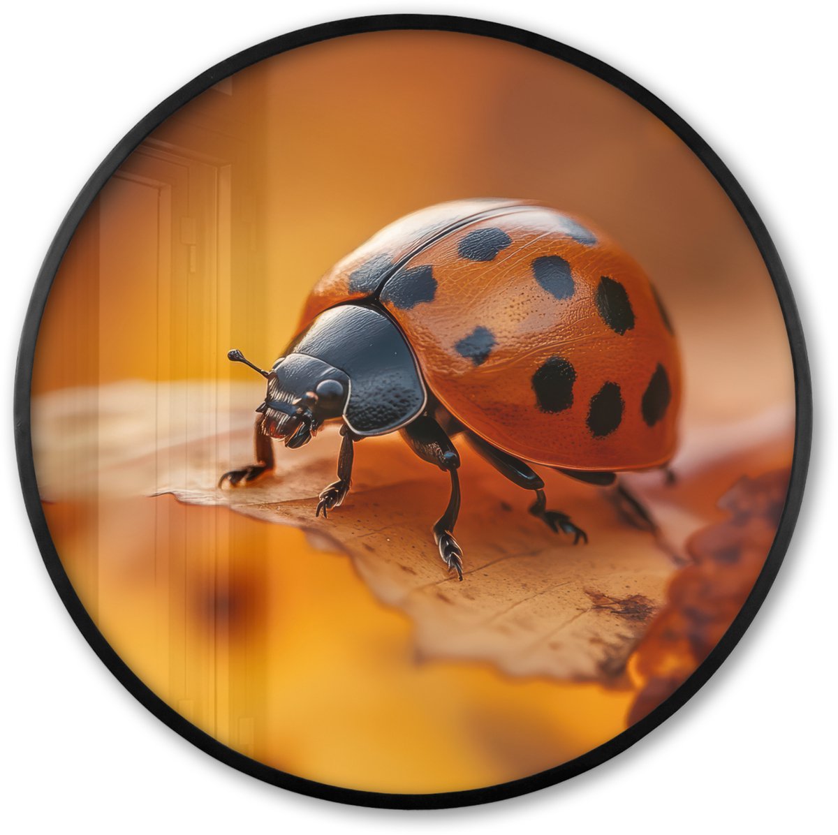 FrameYourWall Poster in lijst Rond - Fotolijst 80x80 cm - Posters - Lieveheersbeestje - Herfst - Insect - Rood - Bladeren - Ronde posterlijst zwart - Decoratie - Wanddecoratie woonkamer - Muurdecoratie slaapkamer