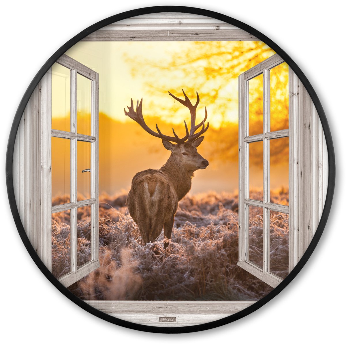 FrameYourWall Poster in lijst Rond - Fotolijst 60x60 cm - Posters - Hert - Herfst - Dieren - Natuur - Bos - Doorkijk - Ronde posterlijst zwart - Decoratie - Wanddecoratie woonkamer - Muurdecoratie slaapkamer