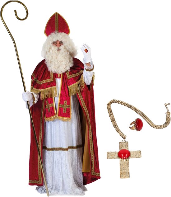 Funny Fashion Sinterklaas pak kostuum - inclusief ring - en kruis ketting met rode steen