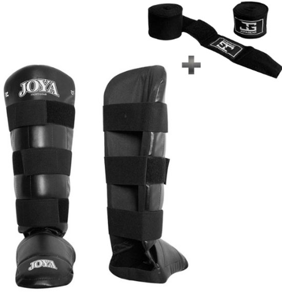 JOYA “PU DE LUXE” Scheenbeschermer – Kickboksen/MMA/Muay Thai – PU Kunstleer – Zwart – M – incl. Bandage