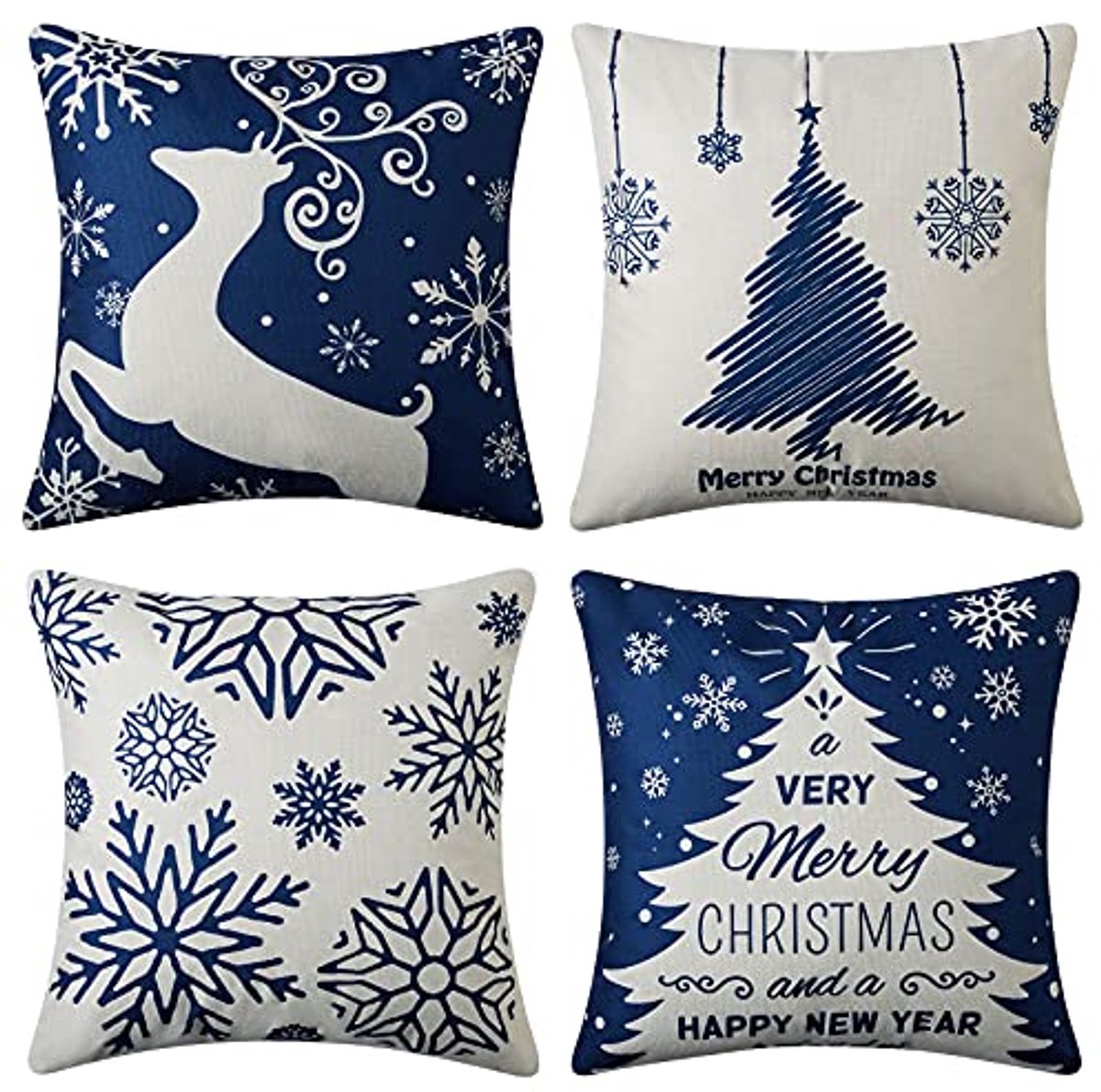 Kerstversiering Kussenhoezen 18x18 Set van 4 - Boerderij Decoratie voor Thuis met Herten en Sneeuwvlokken