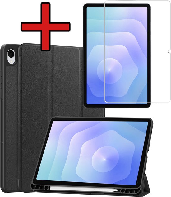 Hoesje - Geschikt voor Samsung Galaxy Tab S11 - Met Screenprotector - Trifold Bookcase Hoes - Hard Cover Case - Met Uitsparing Geschikt voor S Pen - Hardcover Book - Tablethoes - Zwart