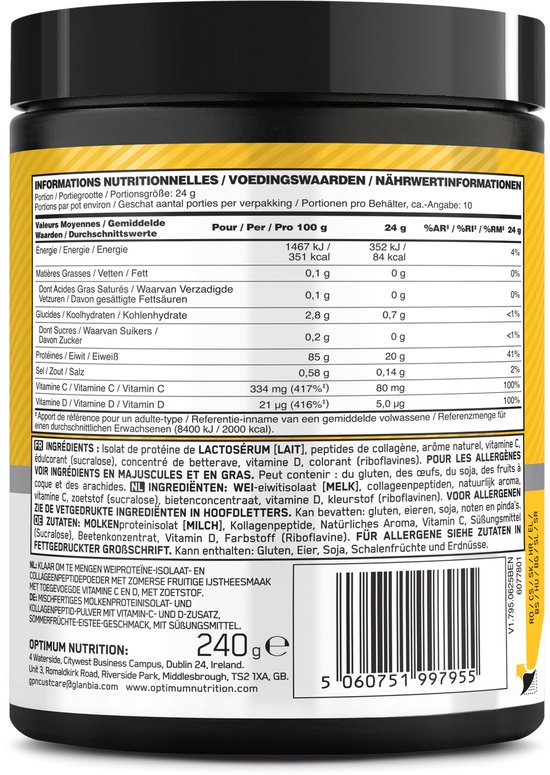 Optimum Nutrition Clear Whey Protein Isolate + Collagen - Summer Fruit Ice Tea Proteine Poeder - Eiwitshake - Eitwit Limonade - 240 gram (10 servings) — afbeelding 5