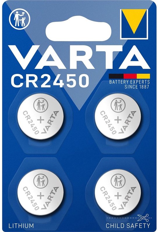 Varta CR2450 lithium knoopcel batterijen in blauwe verpakking, vier stuks zichtbaar.