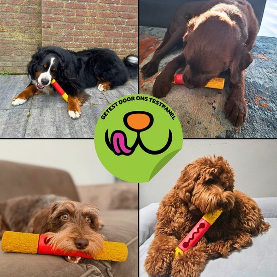 Collage van vier honden van verschillende rassen die met het rode en gele speelgoedje spelen. Tekst: 'Getest door ons testpanel'.