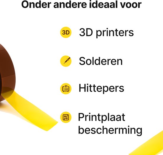 Amberkleurige polyimide tape, ideaal voor 3D-printers, solderen, hittepers en printplaatbescherming.