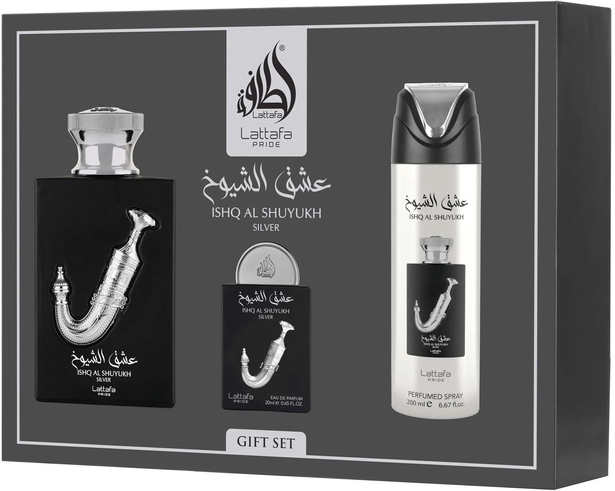 Lattafa Pride Ishq Al Shuyukh zilveren luxe parfumcadeauset voor heren
