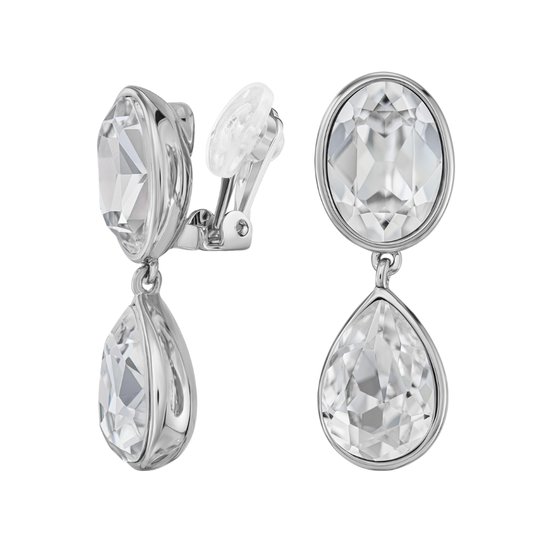 Boucles d'oreilles clip Traveller - Clips oreilles femme - Pendentifs - Couleur argent - Cristaux - Ovale et goutte - Plaqué platine - 35 x 12 mm - 157831