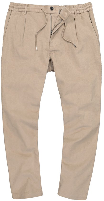 Beige corduroy chinobroek met elastische tailleband en trekkoord, vooraanzicht.
