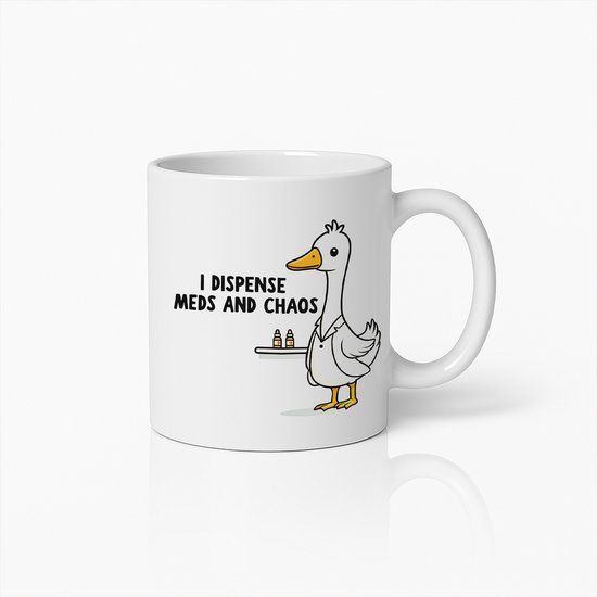 Tasse humoristique « Je partage mes médicaments et le chaos » 330 ml – Tasse à café Humour pour infirmière – Motif canard de dessin animé mignon