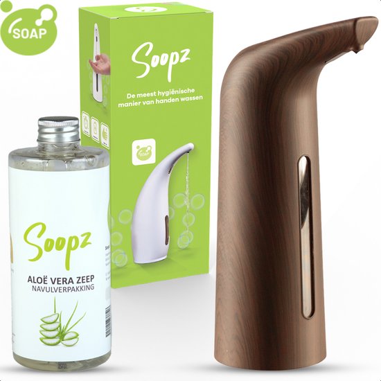 Houten zeepdispenser met navulverpakking aloë vera zeep en kartonnen doos met zeepdispenser illustratie.