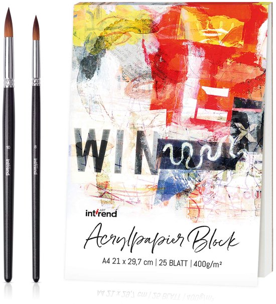 int!rend Aquarelpapier, 400 g, DIN A4, 25 vellen, wit, gelijmd, aquarelpapierblok, Watercolour Paper Pad, incl. watertankborstel, twee penselen, potlood – schilderpad papier voor tekenen, schilderen