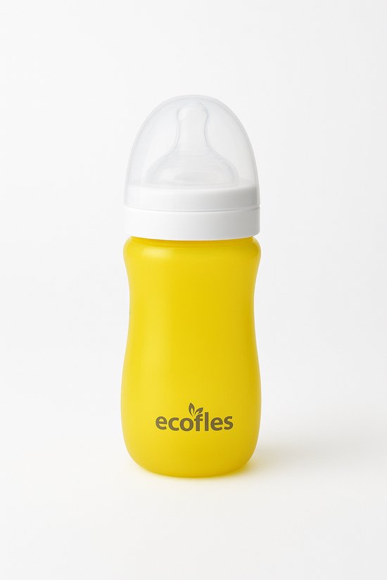 RVS babyfles met siliconen speen in de kleur geel