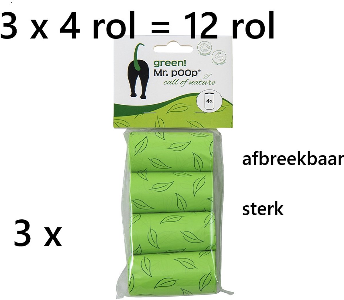 Mr Poop - poepzakjes green *** 3 X *** 4 rolletjes = 12 rolletjes - afbreekbaar -milieuvriendelijk - sterk