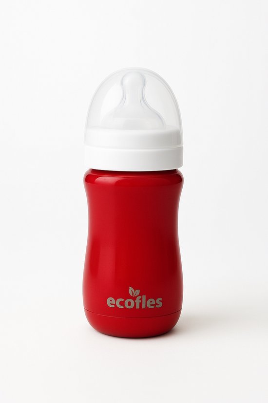 RVS babyfles met siliconen speen in de kleur rood