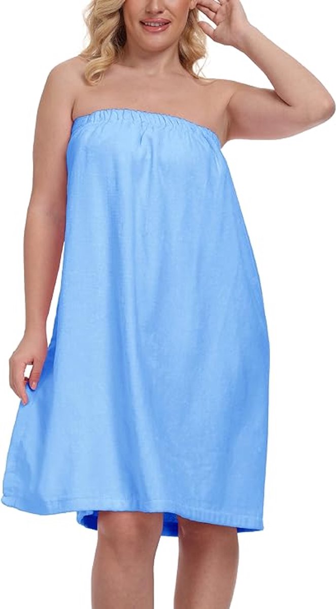 Badstof badjas voor dames, 100% katoen, saunakilt, saunahanddoek met praktische snelsluiting, klittenbandsluiting - blauw