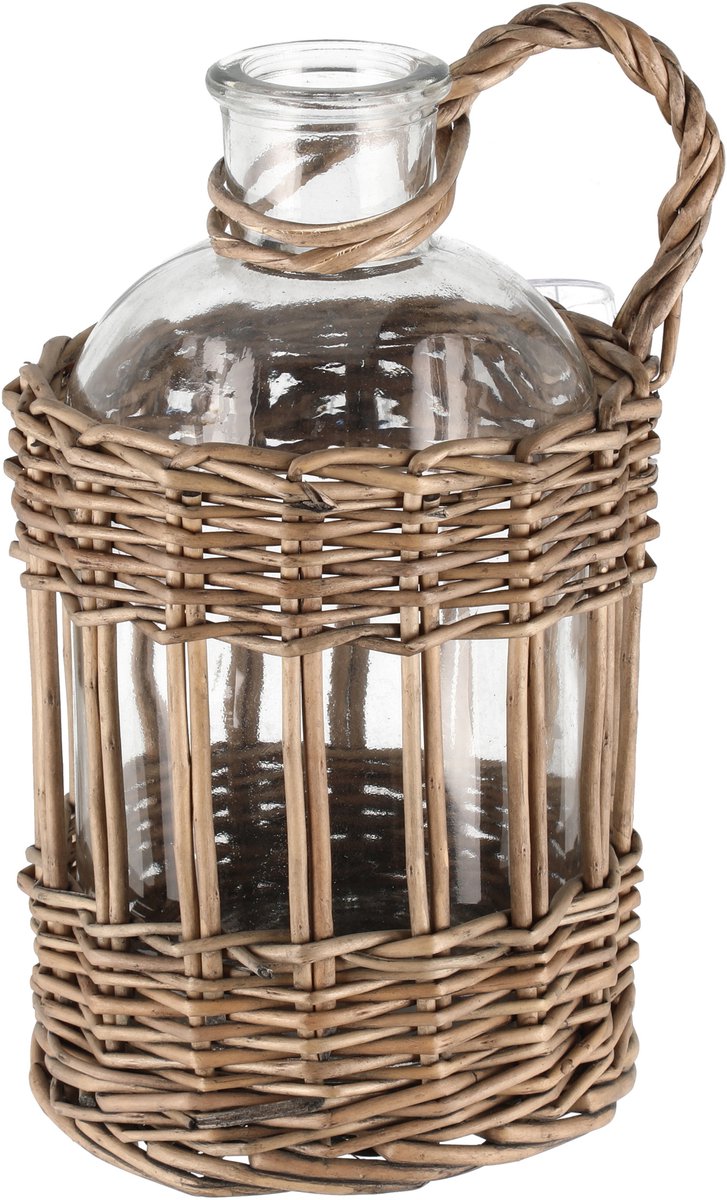 Glazen fles met een rieten handvat, 20 cm