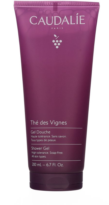 Paarse Caudalie douchegel tube van 200 ml, met tekst. Op een witte achtergrond.