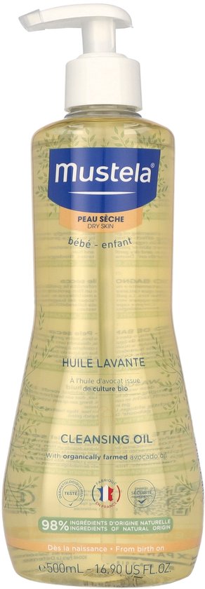 Mustela reinigingsolie voor de droge huid van baby en kind, 500 ml, met biologische avocado-olie.